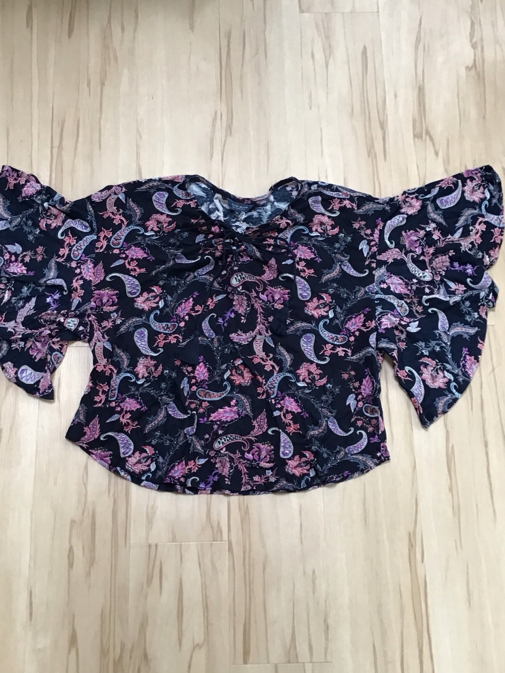 Lucky Brand Dark Navy Paisley Linen Cotton Batwing Loose Flutter Sleeve Top Boho